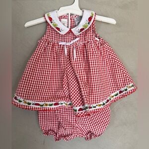 Vintage Youngland 2-piece red gingham ladybug dress bloomers 0-3 months